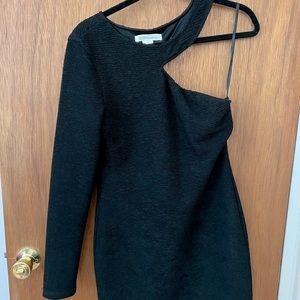 BCBG one sleeve textured black mini dress